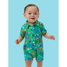 Parrot Palms Woven Short Sleeve Button-Up Romper