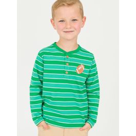 Football Green Stripe Knit Long Sleeve Embroidered Henley Tee