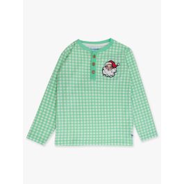 Dear Santa Green Gingham Knit Long Sleeve Embroidered Henley Tee