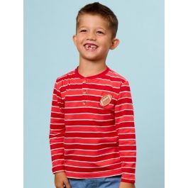 Varsity Red Football Stripe Knit Long Sleeve Embroidered Henley Tee