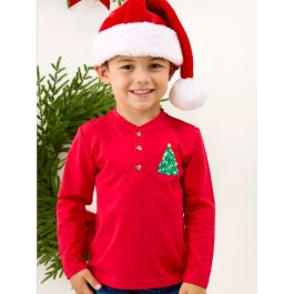 Christmas Tree Red Knit Long Sleeve Embroidered Henley Tee