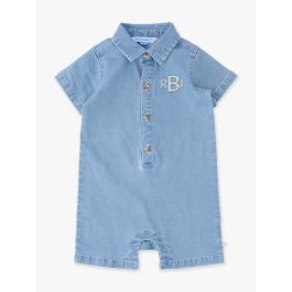 Light Wash Stretch Denim Short Sleeve Button-Up Romper