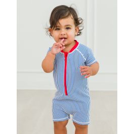 Blue Seersucker Short Sleeve One Piece Rash Guard Swimsuit