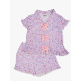 Lavender Enchanted Flowers Women's Short Sleeve Bow Ruffle Pajama Set, Bamboo Viscose