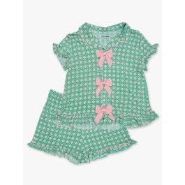 Pink Coastal Cane Women's Short Sleeve Bow Ruffle Pajama Set, Bamboo Viscose
