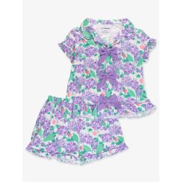 Purple Hydrangea Garden Women's Short Sleeve Bow Ruffle Pajama Set, Bamboo Viscose