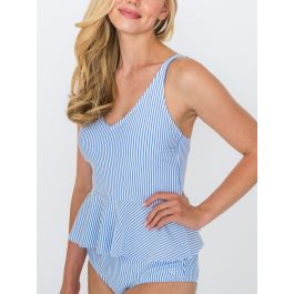 Periwinkle Blue Seersucker Women's Peplum Tankini Top