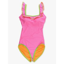 Neon Pink Women's Crochet Ruffle One Piece Swimsuit