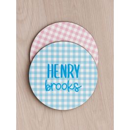 Blue Breeze Gingham Printed Personalized Baby Name Sign - 6" Round