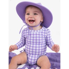 Wisteria Purple Gingham Long Sleeve One Piece Rash Guard Swimsuit, with Signature Rear Ruffles