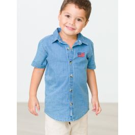 Americana Flag Embroidered Light Wash Short Sleeve Button Down Shirt