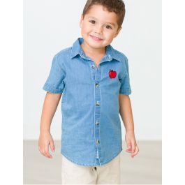 Red Apple Embroidered Light Wash Short Sleeve Button Down Shirt