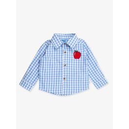 Red Apple Embroidered Classic Periwinkle Blue Gingham Long Sleeve Button Down Shirt