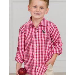 Football Embroidered Classic Red Gingham Long Sleeve Button Down Shirt