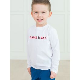 Red Football Game Day Embroidered White Long Sleeve Basic Tee