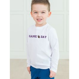 Purple Football Game Day Embroidered White Long Sleeve Basic Tee