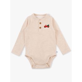 Truck Embroidered Heather Oatmeal Knit Long Sleeve 2-Button Henley Bodysuit