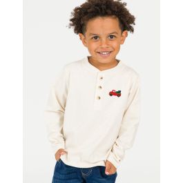Truck Embroidered Heather Oatmeal Knit Long Sleeve Henley Tee