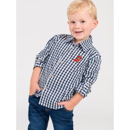 Red Boot Embroidered Classic Dark Navy Gingham Long Sleeve Button Down Shirt