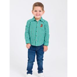Red Boot Embroidered Classic Emerald Green Gingham Long Sleeve Button Down Shirt