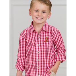 Red Boot Embroidered Classic Red Gingham Long Sleeve Button Down Shirt
