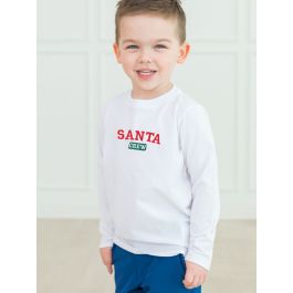 Santa Crew Embroidered White Long Sleeve Basic Tee