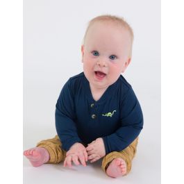 Holiday Dino Embroidered Dark Navy Knit Long Sleeve 2-Button Henley Bodysuit