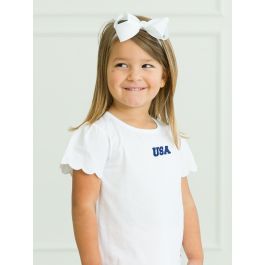Blue USA Embroidered White Short Sleeve Scallop Tee