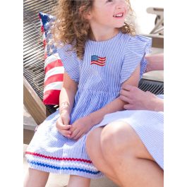 American Flag Embroidered Blue Seersucker Woven Butterfly Sleeve Bow Dress