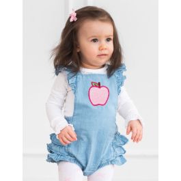 Pink Apple Embroidered Light Wash Flutter Overall Romper