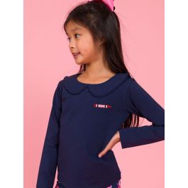 Crayon Embroidered Dark Navy Knit Long Sleeve Ruffle Peter Pan Tee