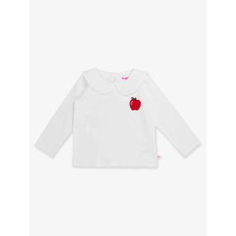 Red Apple Embroidered White Knit Long Sleeve Ruffle Peter Pan Tee