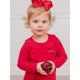 Pencil Embroidered Red Knit Long Sleeve Ruffle Peter Pan Tee