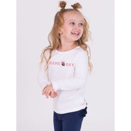 Bubblegum Pink Football Bow Game Day Embroidered White Knit Long Sleeve Ruffle Layering Tee
