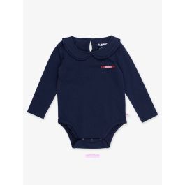 Crayon Embroidered Dark Navy Knit Long Sleeve Ruffle Peter Pan Bodysuit