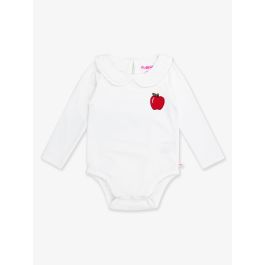 Red Apple Embroidered White Knit Long Sleeve Ruffle Peter Pan Bodysuit