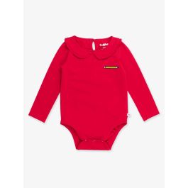Pencil Embroidered Red Knit Long Sleeve Ruffle Peter Pan Bodysuit