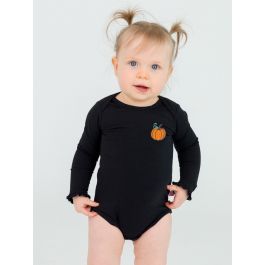 Pumpkin Embroidered Black Knit Long Sleeve Ruffle Layering Bodysuit