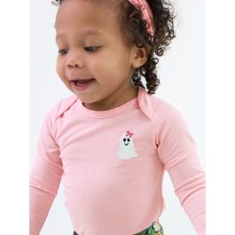 Glow-in-the-Dark Ghost Embroidered Pink Knit Long Sleeve Ruffle Layering Bodysuit