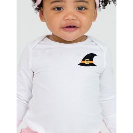 Witch Hat Embroidered White Knit Long Sleeve Ruffle Layering Bodysuit