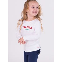 Santa Crew Embroidered White Knit Long Sleeve Ruffle Layering Tee