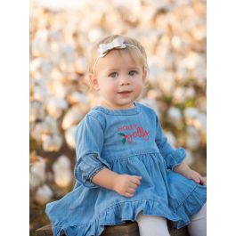 Jolly  Embroidered Light Wash Stretch Denim High Low Ruffle Tunic
