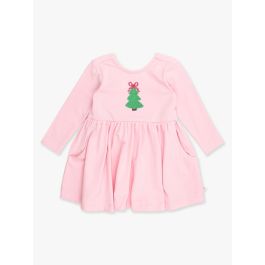 Christmas Tree Embroidered Pink Knit Long Sleeve Twirl Dress