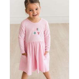 holly jolly Embroidered Pink Knit Long Sleeve Twirl Dress