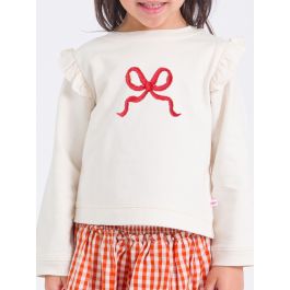 Red Bow Embroidered Ivory Flutter Sweatshirt