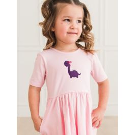 Purple Dino Embroidered Pink Knit Short Sleeve Twirl Dress
