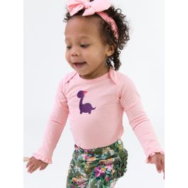 Purple Dino Embroidered Pink Knit Long Sleeve Ruffle Layering Bodysuit
