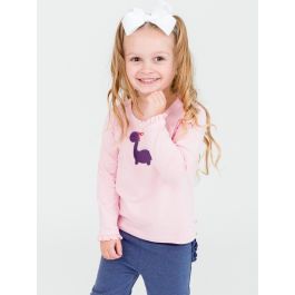 Purple Dino Embroidered Pink Knit Long Sleeve Ruffle Layering Tee