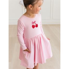 Heart Cherries Embroidered Pink Knit Long Sleeve Twirl Dress