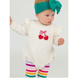 Heart Cherries Embroidered Ivory Sweatshirt Bubble Romper